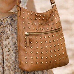 Platania Made In Italy Studded Leather Light Cognac Cross Body Shoulder bag